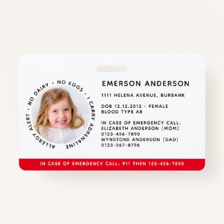 Tarjeta De Identificación ID de emergencia de alerta alérgica para identific