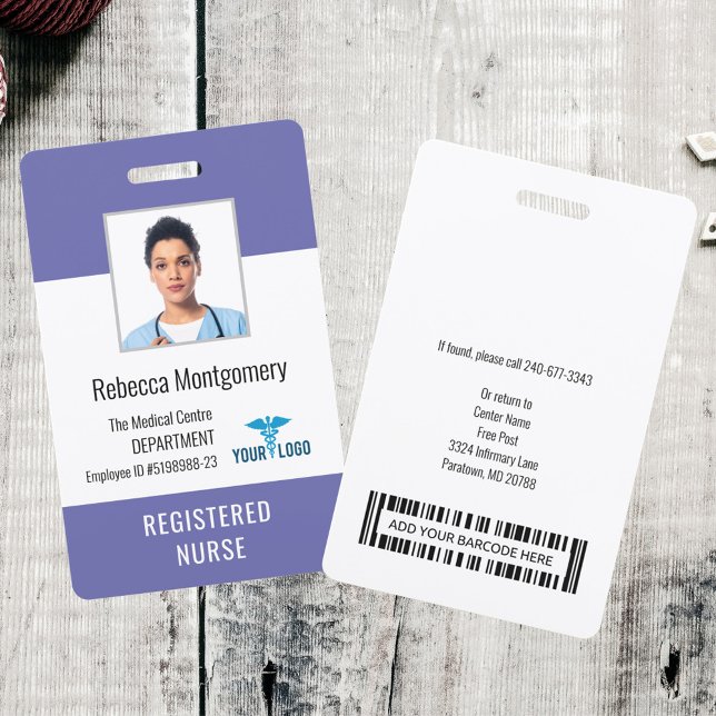 Tarjeta De Identificación ID de foto de enfermera empleada del centro médico (Medical Company Nurse Photo ID Badge with Barcode Template)