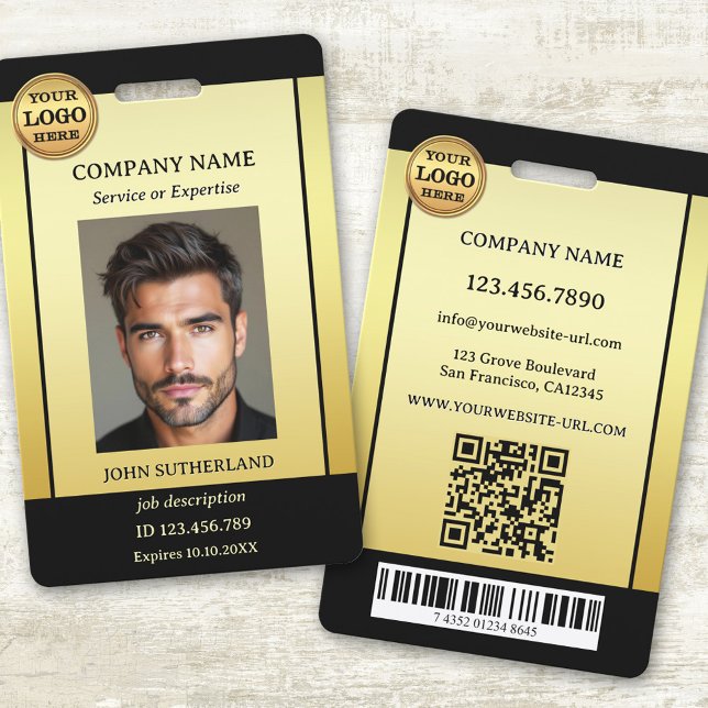 Tarjeta De Identificación Id. de foto de oro negro profesional (Professional staff photo ID badge featuring your photo and logo on a gold and black design)