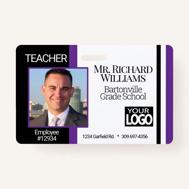 Tarjeta De Identificación ID de foto escolar - Negro y Púrpura (Anverso)