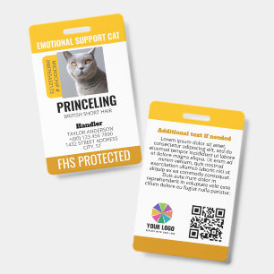 Tarjeta De Identificación ID de gato de apoyo emocional amarillo