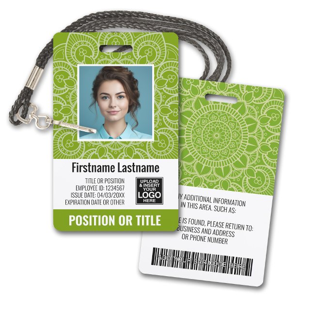 Tarjeta De Identificación ID de la foto del empleado - mandala moderna, logo (Plastic ID Badge - Customize with Employee Photo and Credentials. Lime Green Mandala Accents)