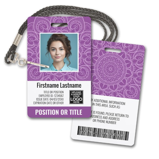 Tarjeta De Identificación ID de la foto del empleado - mandala moderna, logo (Plastic ID Badge - Customize with Employee Photo and Credentials. Purple Mandala Accents)