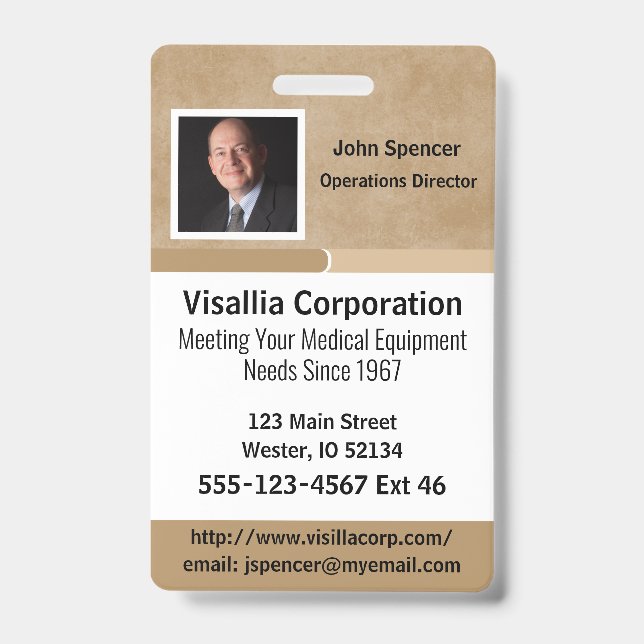 Tarjeta De Identificación ID del Empleado Beige y Blanco Vertical (Parte frontal)