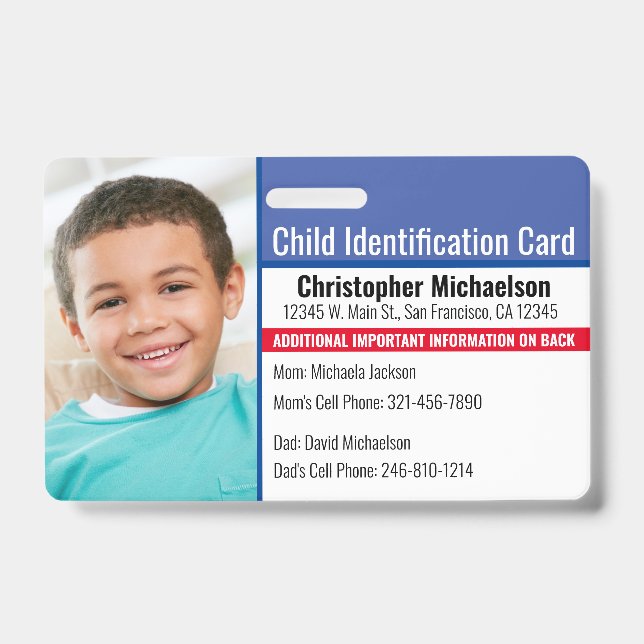 Tarjeta De Identificación ID del niño Foto de emergencia médica de emergenci (Front)