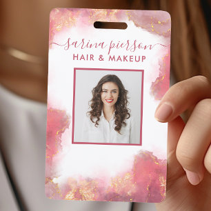 Tarjeta De Identificación Identificación de acuarela líquida moderna rosa y 