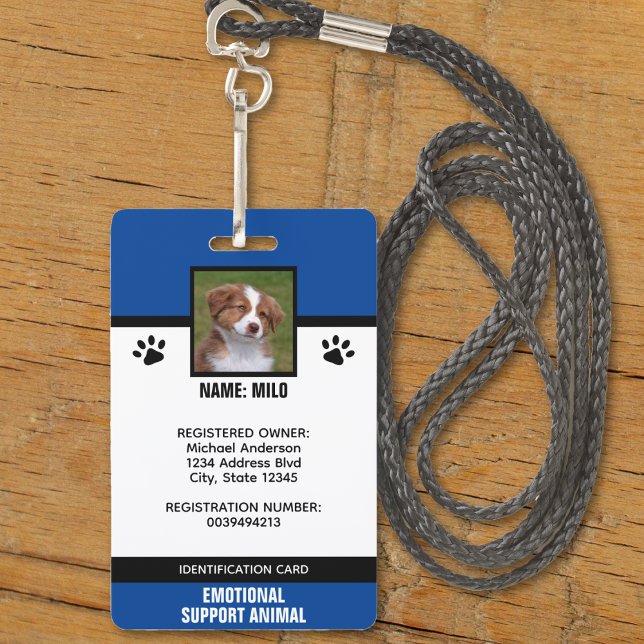 Tarjeta De Identificación Identificación de animal de apoyo emocional azul y (blue black and white emotional support service animal id badge)