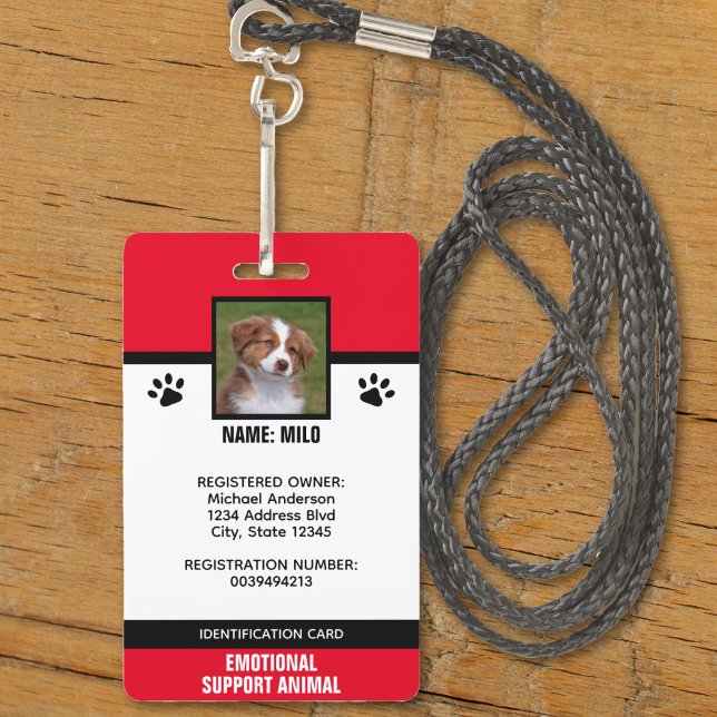 Tarjeta De Identificación Identificación de animal de apoyo emocional rojo y (red white and black emotional support animal service dog id badge)