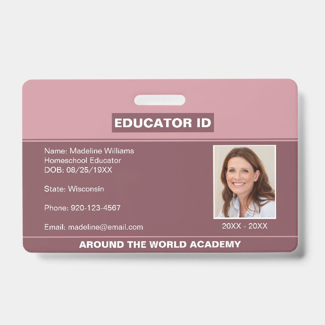 Tarjeta De Identificación Identificación de educador en hogar Blush Pink Bad (Parte frontal)
