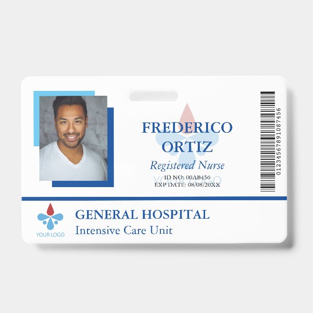 Tarjeta De Identificación Identificación de empleado del hospital azul blanc (Front)