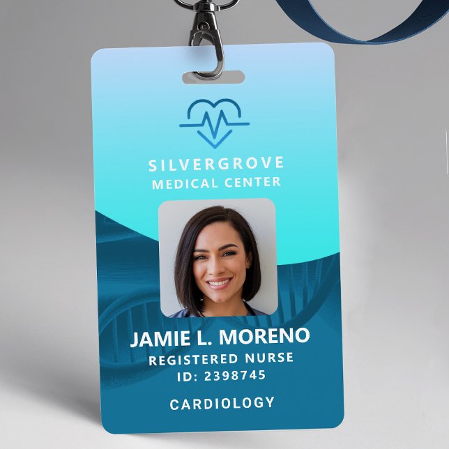 Tarjeta De Identificación Identificación de enfermero de foto Verde azulada  (nurse id badge custom hospital clinic medical office clinic center wellbeing blue teal ekg logo )
