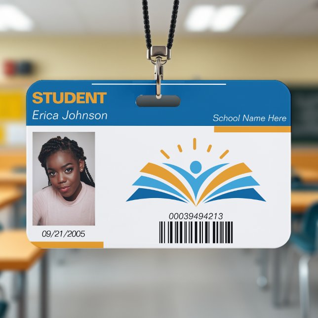 Tarjeta De Identificación Identificación de estudiante de la Escuela Superio (Blue & Orange School College University Student ID Badge
)