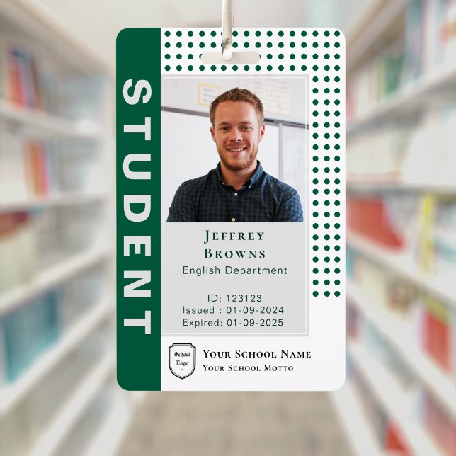 Tarjeta De Identificación Identificación de estudiante/profesor moderno verd (Modern Dark Green Student/Teacher Photo ID Badge)