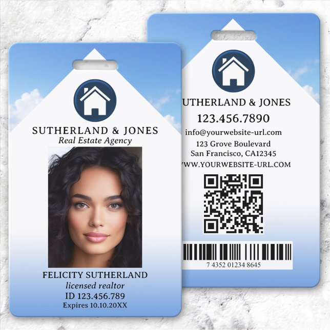 Tarjeta De Identificación Identificación de foto de agente inmobiliario azul (Professional photo ID badge featuring your custom photo and logo on an elegant blue white design)