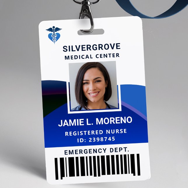 Tarjeta De Identificación Identificación de la enfermera de fotografía azul  (nurse id badge custom hospital clinic medical center office clinic blue logo photo bar code)