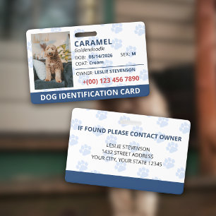 Tarjeta De Identificación Identificación de perro con foto y nombre Huellas