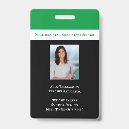 Tarjeta De Identificación Identificación de personal escolar verde foto plac