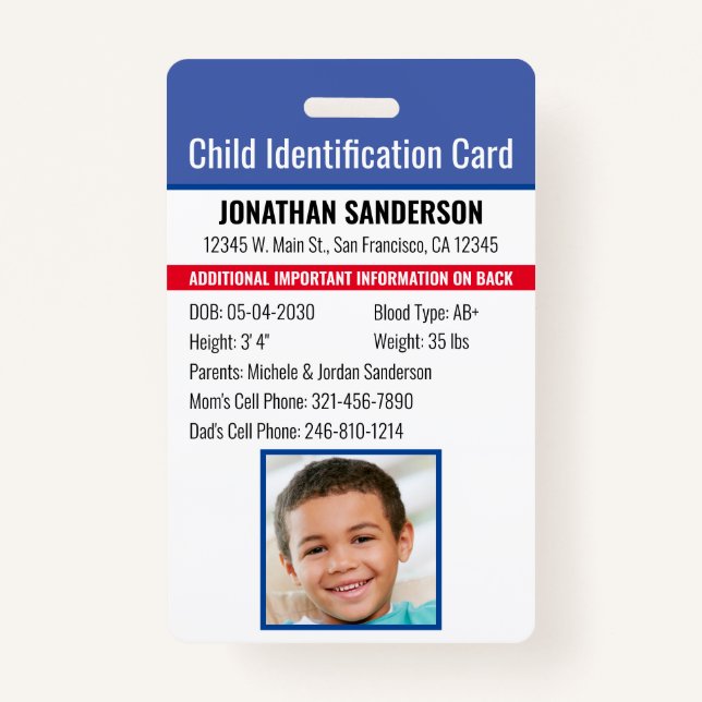 Tarjeta De Identificación Identificación del niño Alergia de Emergencia Foto (Anverso)