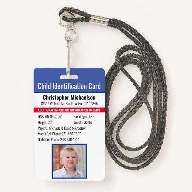 Tarjeta De Identificación Identificación del niño Foto de emergencia alérgic (Anverso son cordón)