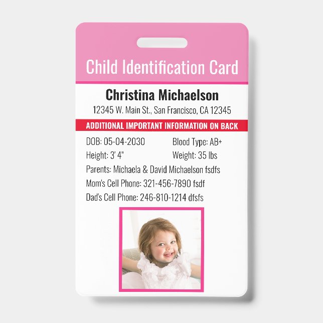 Tarjeta De Identificación Identificación del niño Foto de emergencia alérgic (Parte frontal)