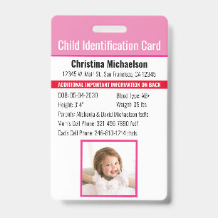 Tarjeta De Identificación Identificación del niño Foto de emergencia alérgic