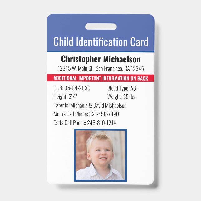Tarjeta De Identificación Identificación del niño Foto de emergencia alérgic (Parte frontal)