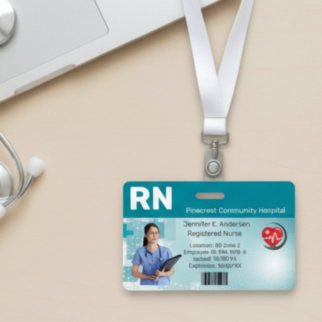 Tarjeta De Identificación Identificación fotográfica personalizada para empl (Hospital Medical Employee Photo ID Badge | Custom RN Nurse Healthcare Staff Card)