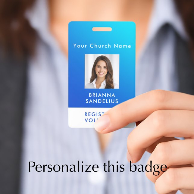 Tarjeta De Identificación Identificación personalizada moderna con gradiente (Add your own words to personalize this modern blue gradient registered volunteer photo ID badge.
)