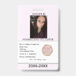 Tarjeta De Identificación Identificación rosa para maestra que educa en casa