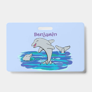 Tarjeta De Identificación Ilustración de dibujos animados de delfines felice