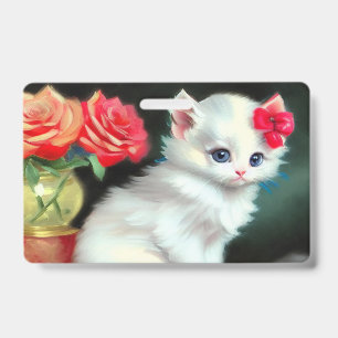 Tarjeta De Identificación Ilustracion de gatito blanco con flores rojas