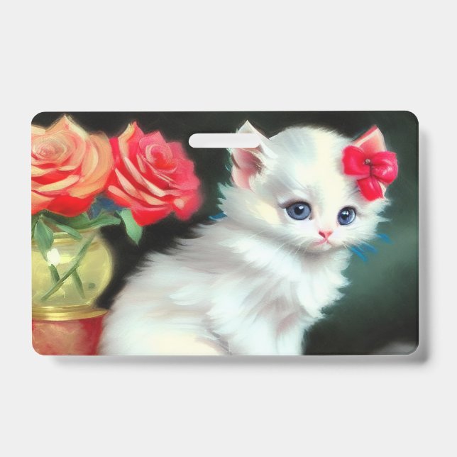 Tarjeta De Identificación Ilustracion de gatito blanco con flores rojas (Parte frontal)