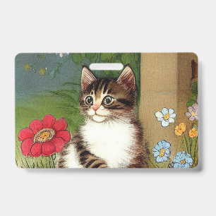 Tarjeta De Identificación Ilustración de gato vintage con flores de primaver