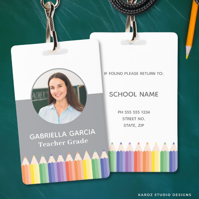 Tarjeta De Identificación Insigne de identificación de profesor con arcoíris (Front and back are shown. Customize and choose attachment: lanyard, retractable, or metal clip)