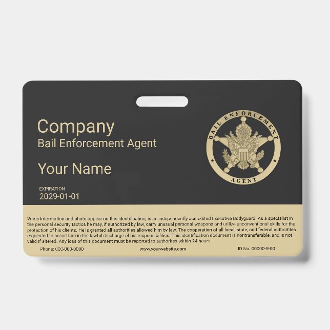 Tarjeta De Identificación Insignia de Agente de Cumplimiento de Fianza (Parte frontal)