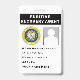 Tarjeta De Identificación Insignia de Agente de Recuperación de Fugitivos