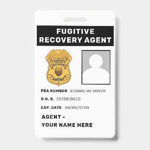 Tarjeta De Identificación Insignia de Agente de Recuperación de Fugitivos