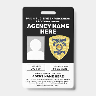 TARJETA DE IDENTIFICACIÓN INSIGNIA DE AGENTE DE RECUPERACIÓN DE FUGITIVOS Y