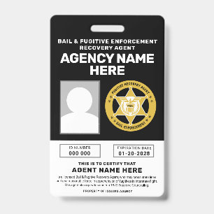 TARJETA DE IDENTIFICACIÓN INSIGNIA DE AGENTE DE RECUPERACIÓN DE FUGITIVOS Y