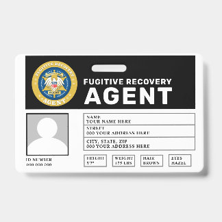 TARJETA DE IDENTIFICACIÓN INSIGNIA DE AGENTE DE RECUPERACIÓN DE PRÓFUGOS