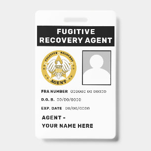 Tarjeta De Identificación Insígnia de AGENTE DE RECUPERACIÓN DE PRÓFUGOS