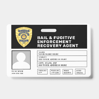 TARJETA DE IDENTIFICACIÓN INSIGNIA DE AGENTE DE RECUPERACIÓN DE PRÓFUGOS Y C
