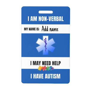 Tarjeta De Identificación Insignia de Alerta de Autismo No Verbal de Contact