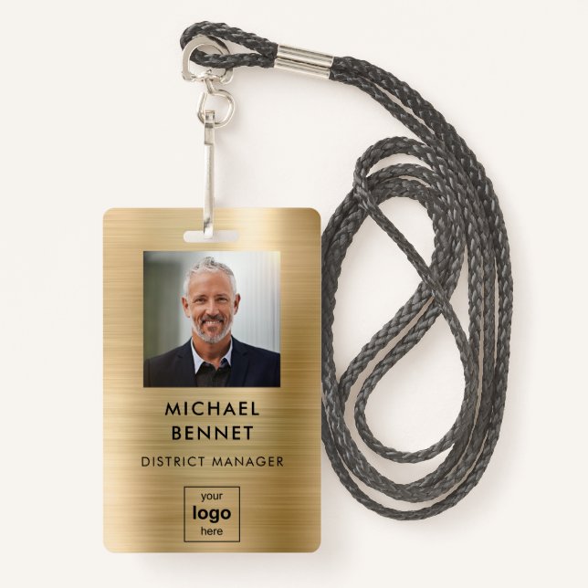 Tarjeta De Identificación Insignia de foto de empleado Metalizado de oro mod (Anverso son cordón)