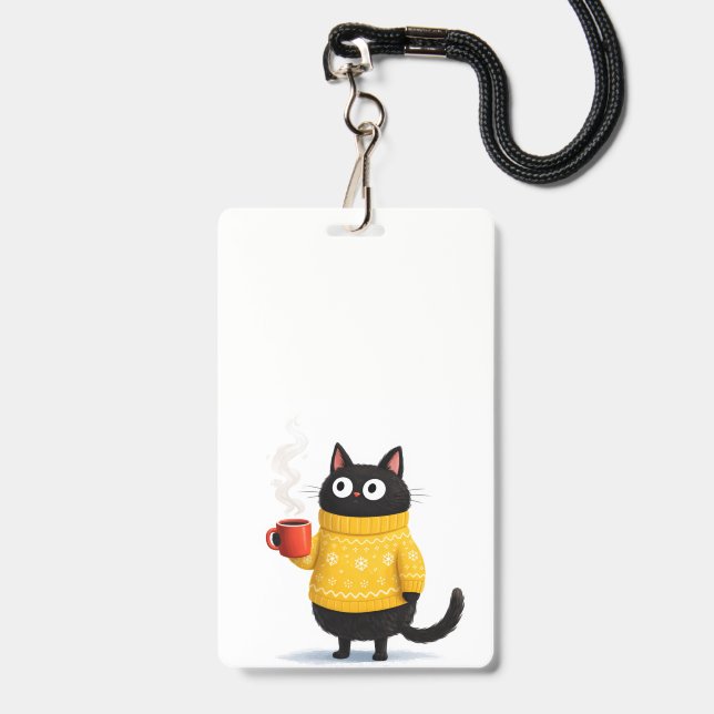 Tarjeta De Identificación insignia de gato y café (Parte frontal con cordón)