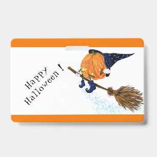 Tarjeta De Identificación Insígnia de Halloween Bruja Calabaza Escoba Volado
