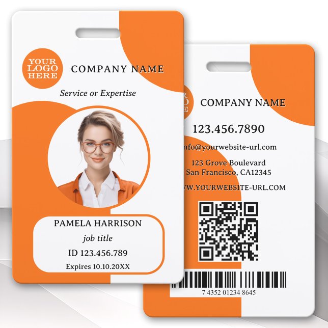 Tarjeta De Identificación Insignia de identificación de foto retro blanco Na (Photo ID badge featuring your custom photo and logo on a colorful orange white retro design)