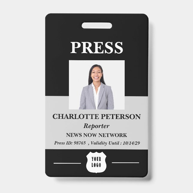 Tarjeta De Identificación Insígnia de identificación de prensa con foto y lo (Parte frontal)
