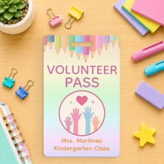 Tarjeta De Identificación Insígnia de pase de voluntario con arcoíris pastel