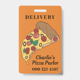 Tarjeta De Identificación Insígnia de porción de pizza con texto y color per